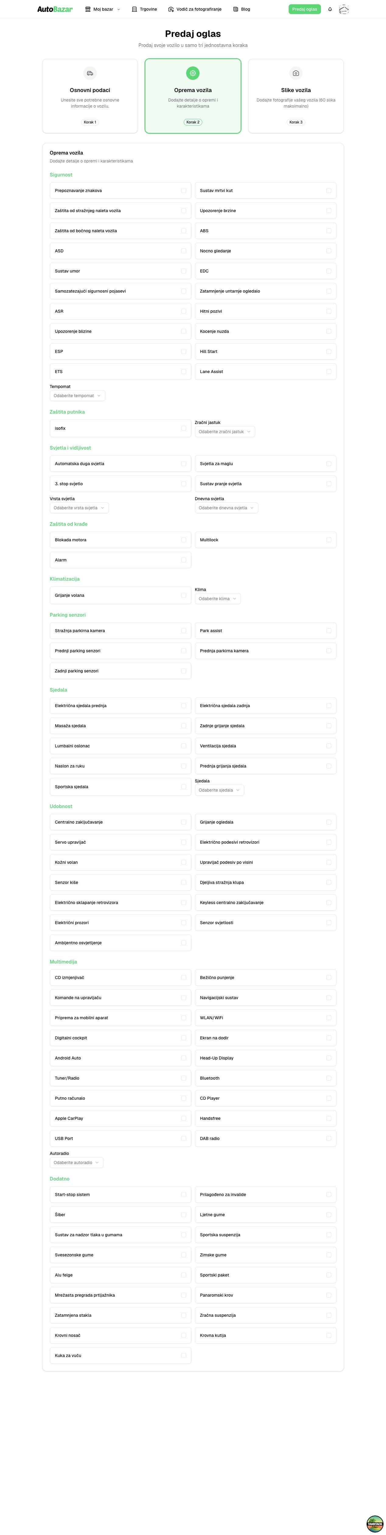 Web popis opreme vozila — svijetla tema