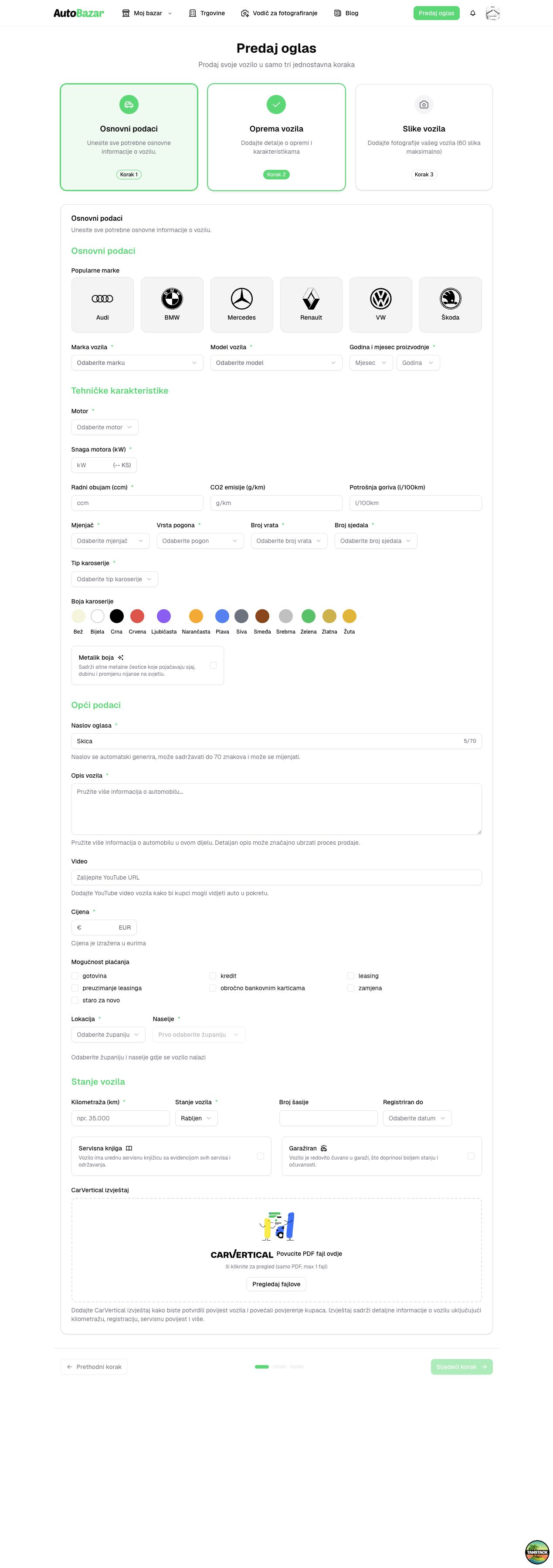 Web obrazac za unos osnovnih podataka o vozilu — svijetla tema