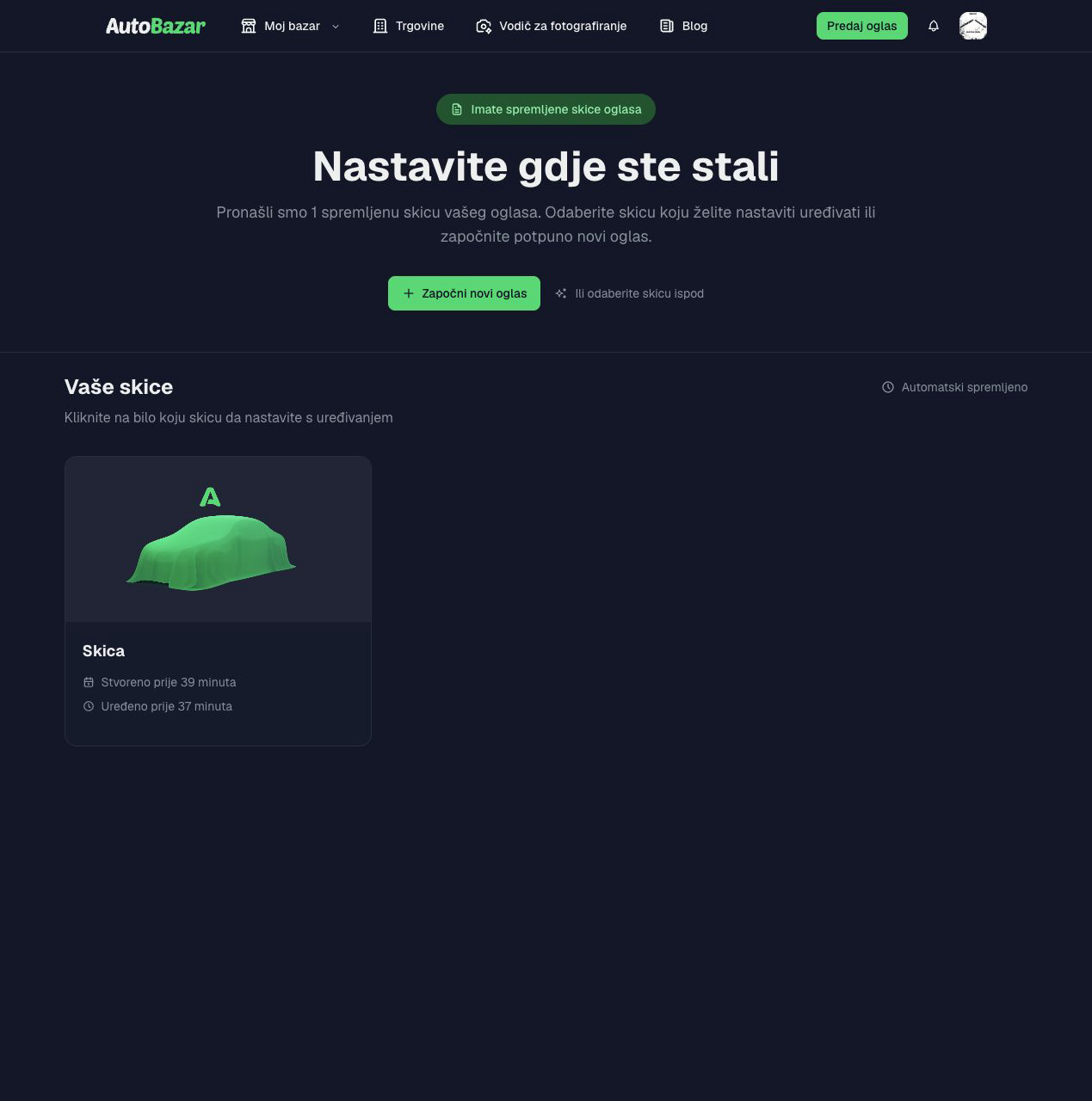 Popis spremljenih skica oglasa na webu — tamna tema