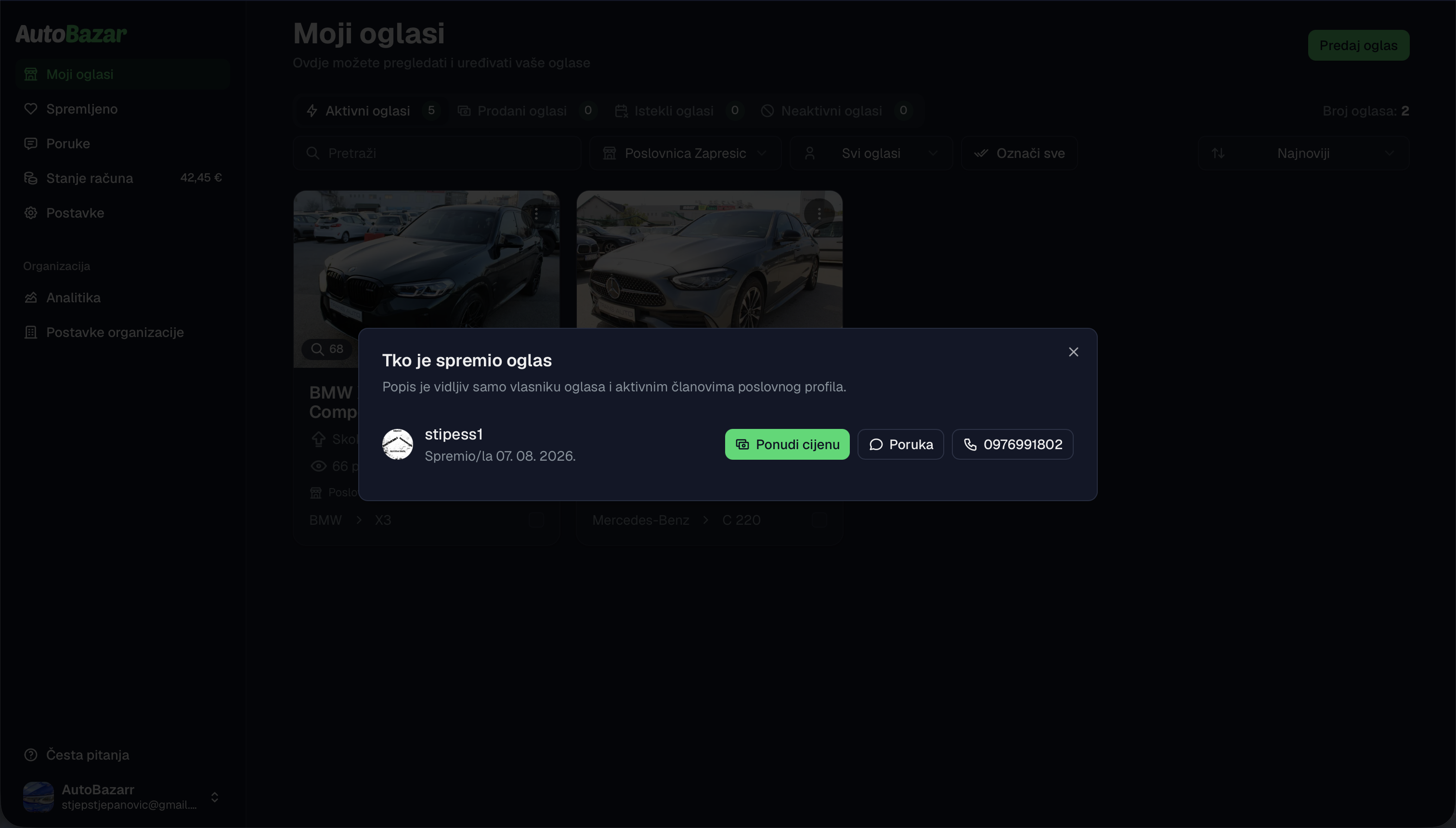 Popis korisnika koji su spremili oglas na AutoBazar webu — tamna tema