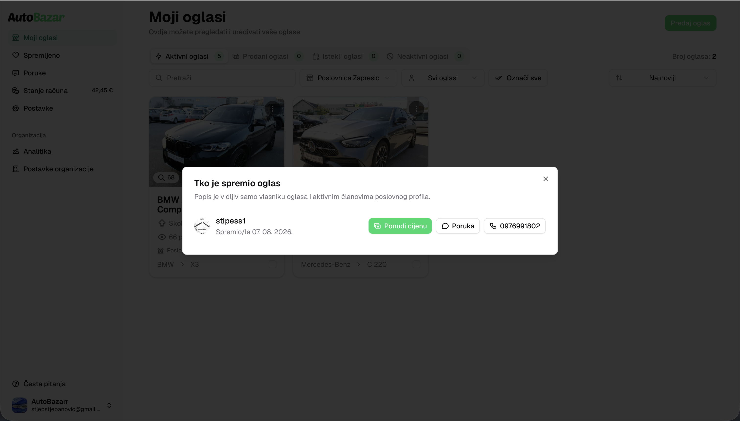 Popis korisnika koji su spremili oglas na AutoBazar webu — svijetla tema