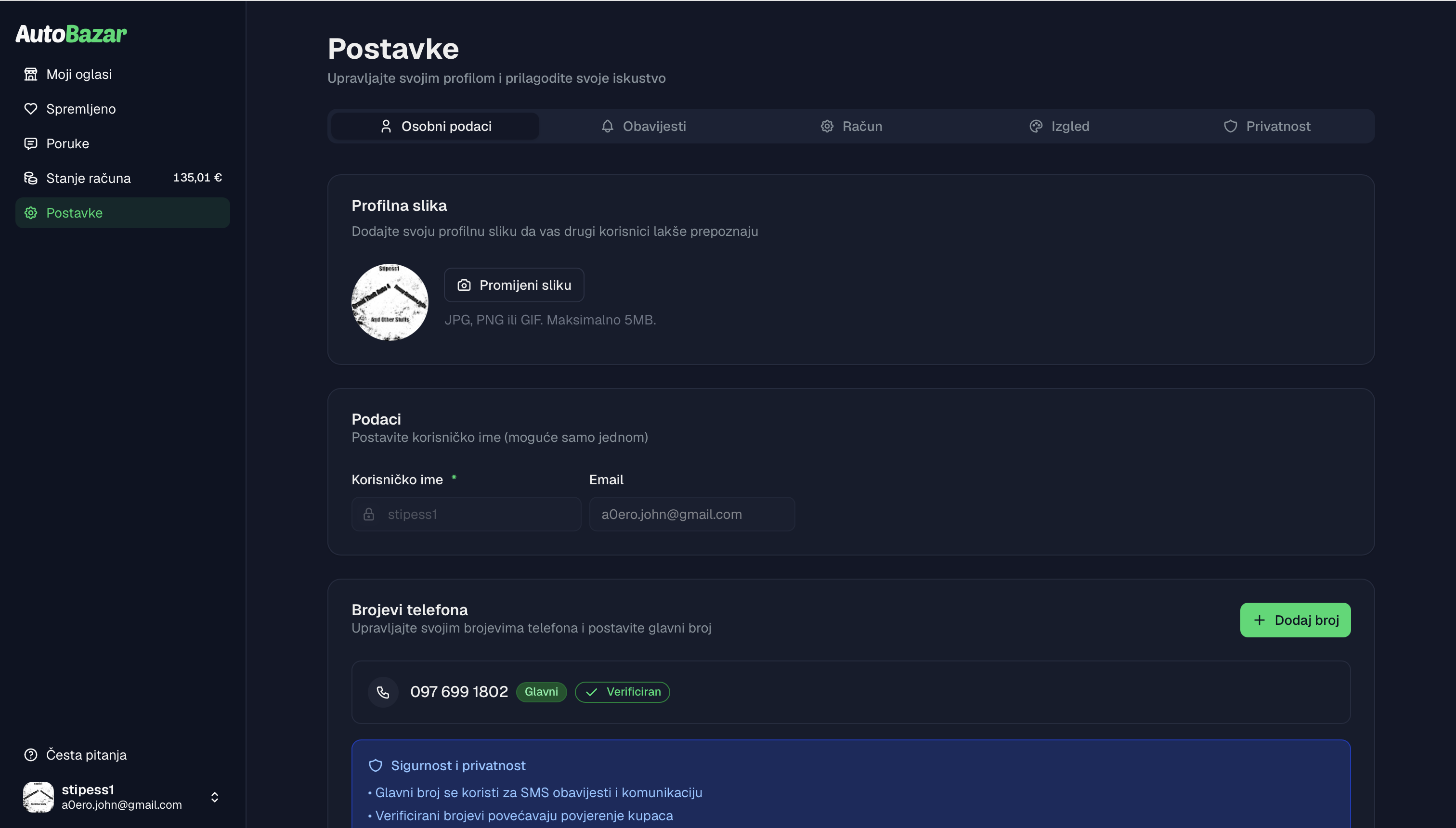 Postavke osobnih podataka na AutoBazar webu — tamna tema
