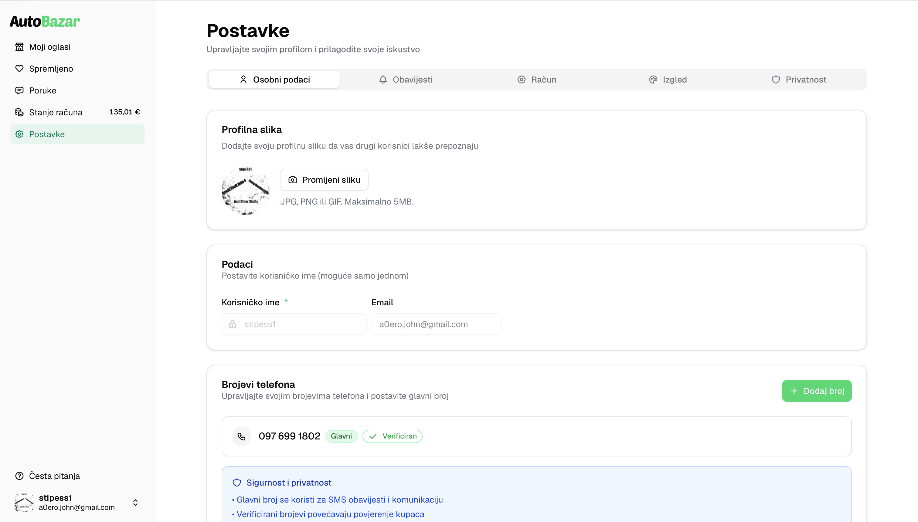 Postavke osobnih podataka na AutoBazar webu — svijetla tema