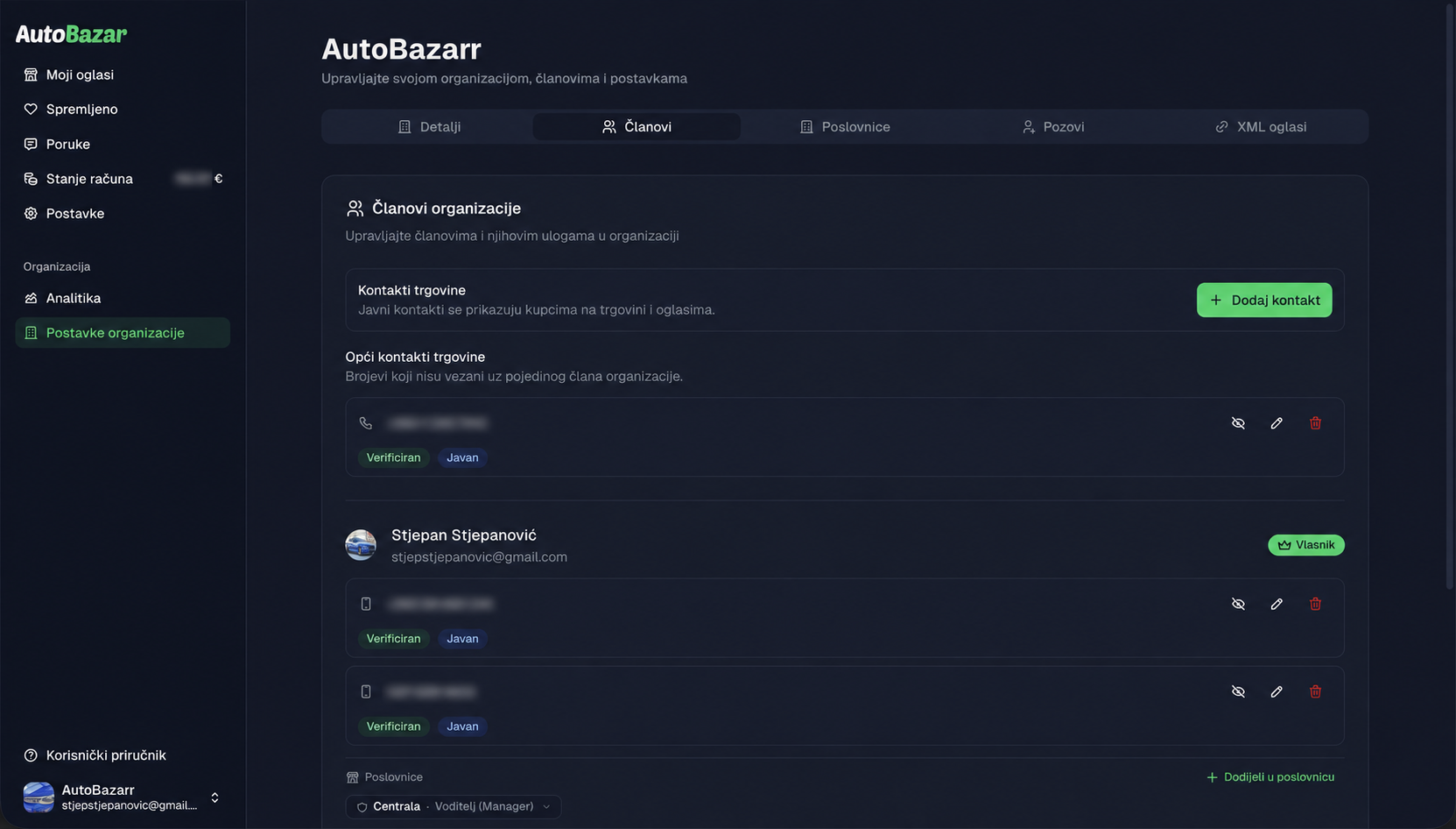 Prikaz članova organizacije, kontakata i uloga na AutoBazar webu — tamna tema