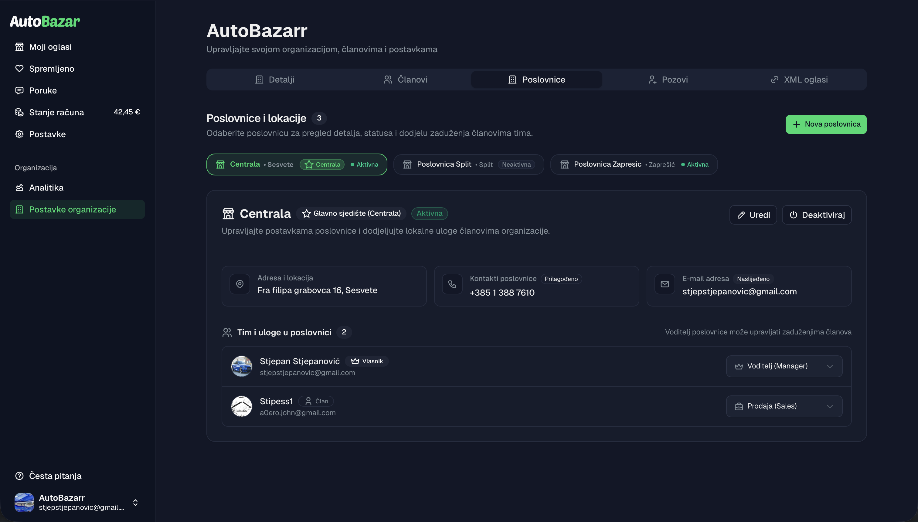Pregled poslovnica i članova tima u postavkama organizacije na AutoBazar webu — tamna tema