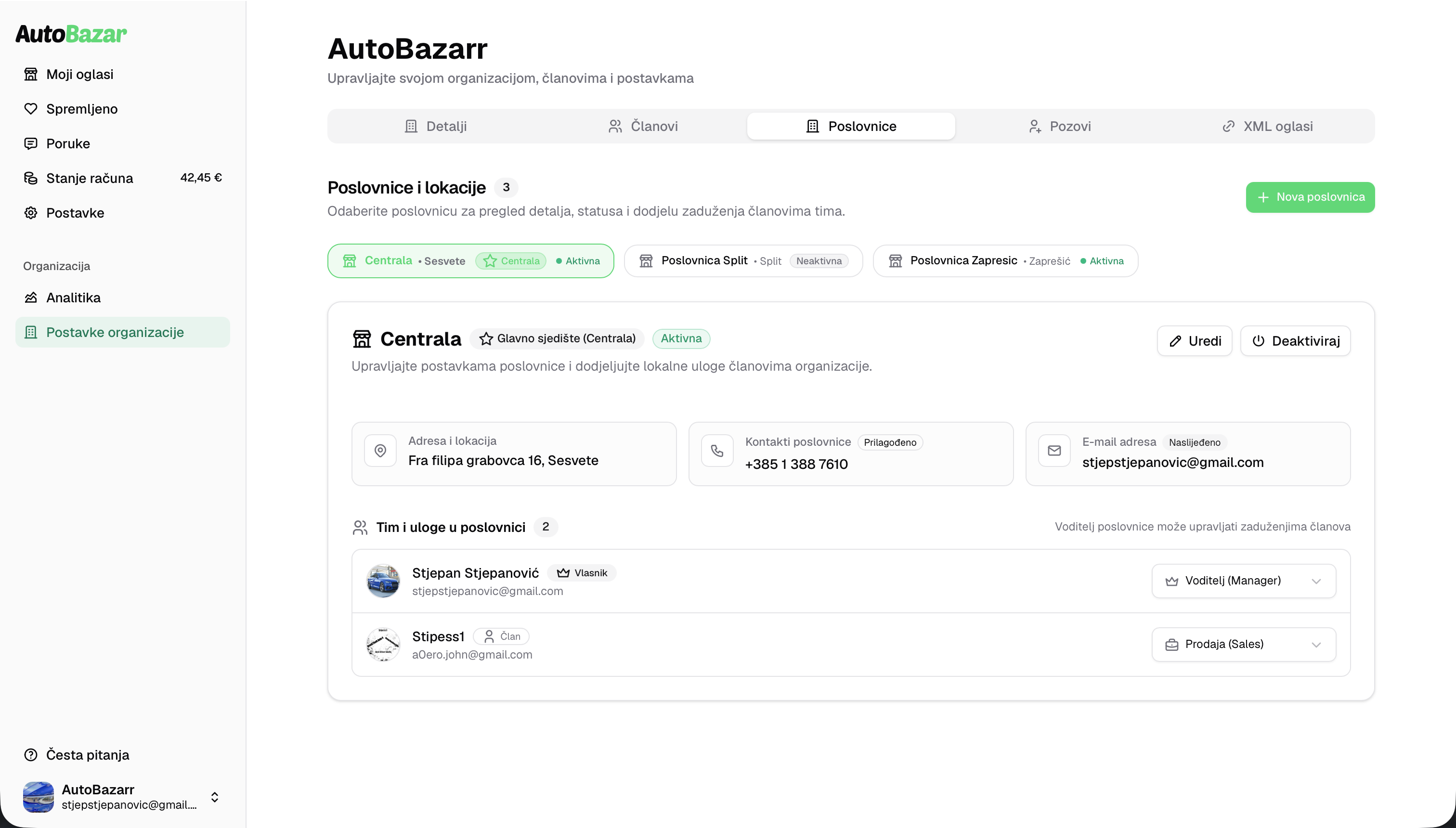 Pregled poslovnica i članova tima u postavkama organizacije na AutoBazar webu — svijetla tema