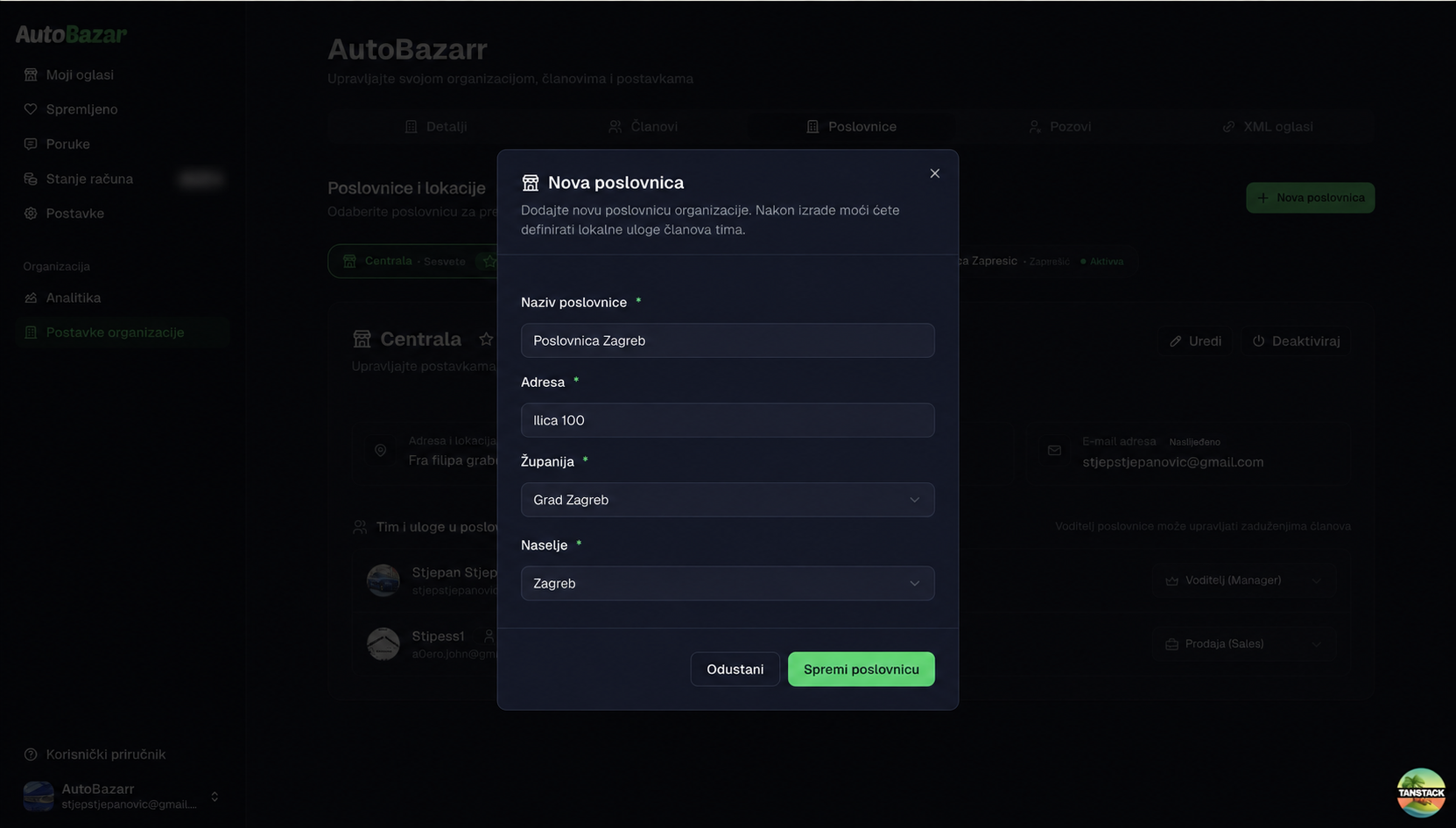 Obrazac za dodavanje nove poslovnice na AutoBazar webu — tamna tema