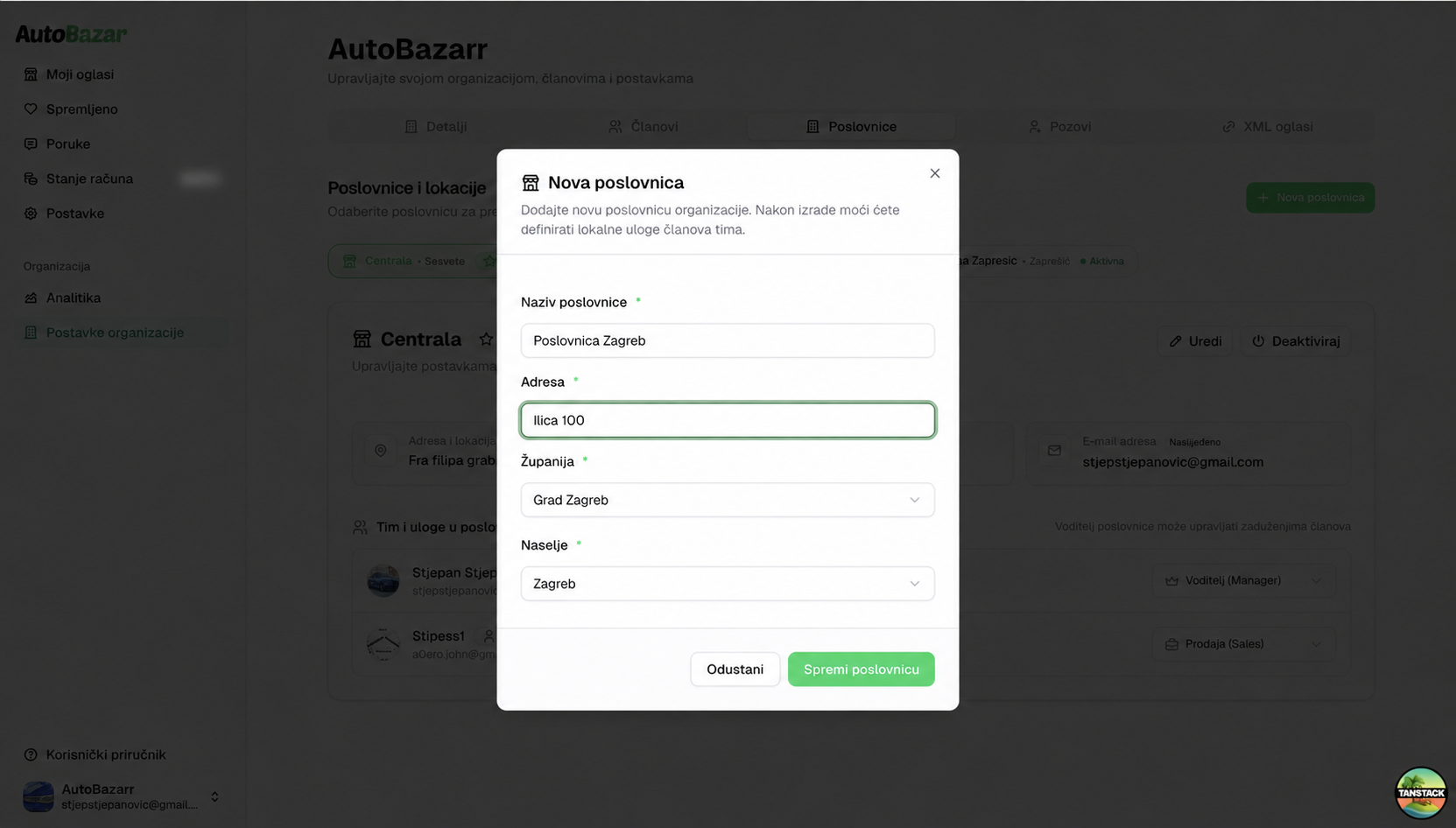 Obrazac za dodavanje nove poslovnice na AutoBazar webu — svijetla tema